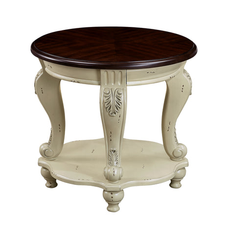 22 inch dual tone round head table, solid wood sofa side table with shelf, white and cherry tabletop - V.I.P Digital Presence