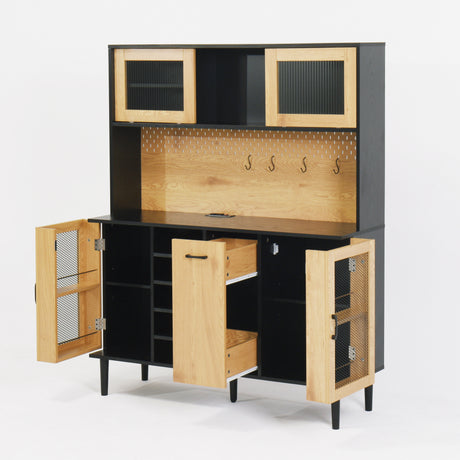 59 "H buffet side cabinet with storage door and power outlet, coffee bar cabinet with wine rack, black and natural colors - V.I.P Digital Presence