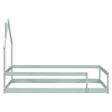 Twin Size Wood bed with House-shaped Headboard Floor bed with Fences,Light Green - V.I.P Digital Presence