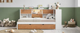 L-shaped bed frame with luggage and bookshelf, corner bed wooden captain's bed LED tube light and USB port walnut and white - V.I.P Digital Presence