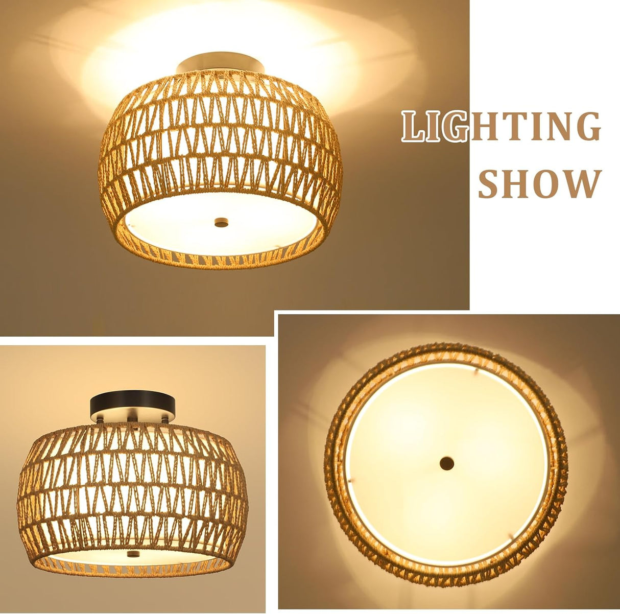 Boho Light Fixtures Ceiling Mount, Rattan Semi Flush Mount Ceiling Light, Farmhouse Light Fixtures with Fabric Shades - V.I.P Digital Presence