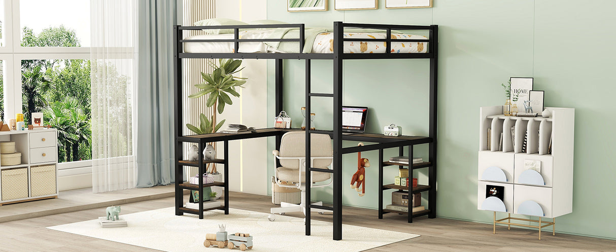 Full Metal Loft Bed with Desk and Shelves, Loft Bed with Ladder and Guardrails, Loft Bed Frame for Bedroom, Black - V.I.P Digital Presence