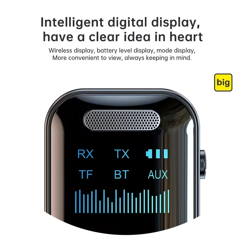 Receptor y transmisor de audio Bluetooth 5.4 de 3,5 mm con entrada AUX y compatible con tarjeta TF, adaptador de audio inalámbrico con micrófono y pantalla digital LED. 