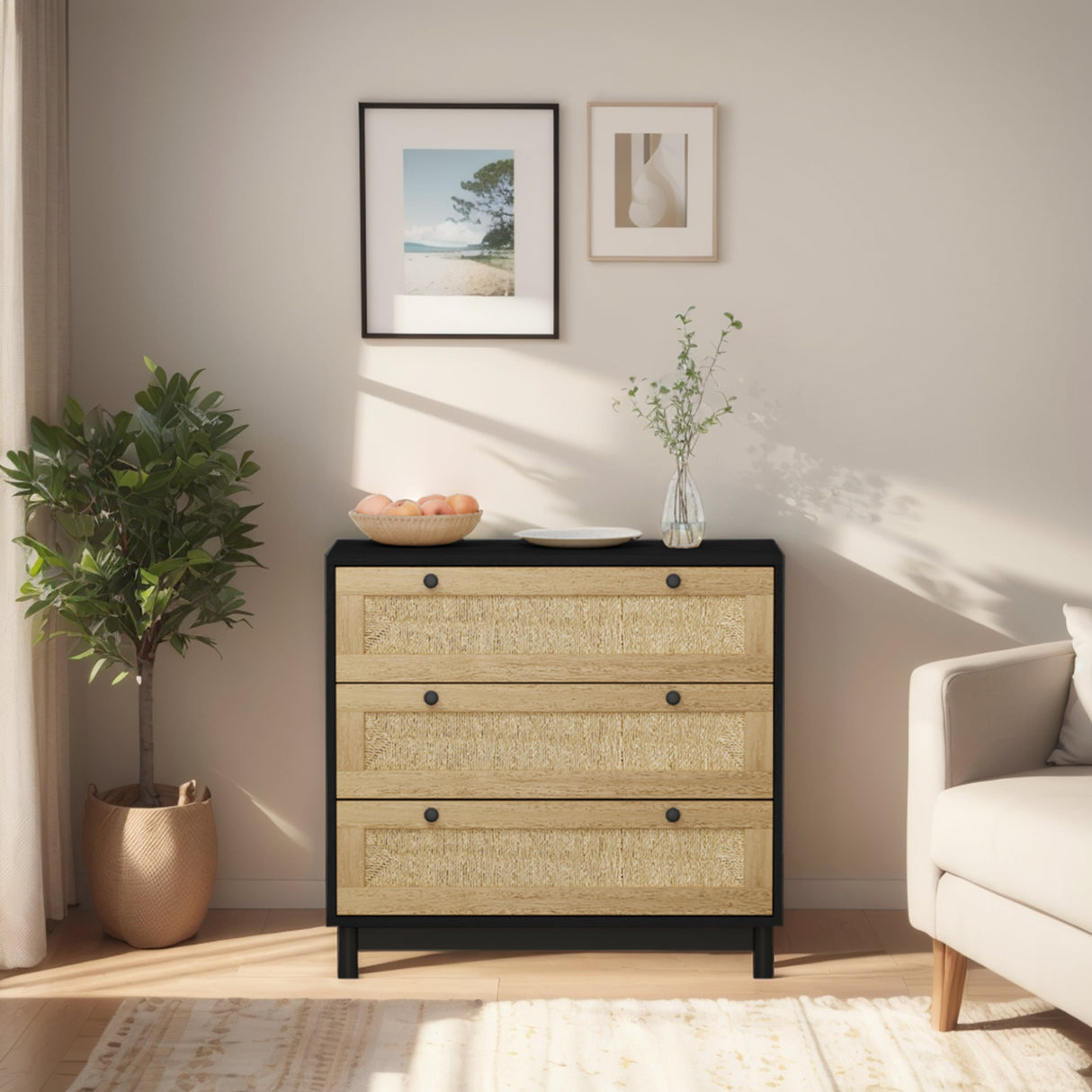 30.31"3-Drawers Storage Cabinet Rope Woven Drawer,for Bedroom,Living Room,Dining Room,Hallways,Black - V.I.P Digital Presence