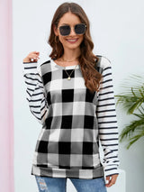 Plaid Striped Round Neck Long Sleeve T-Shirt - V.I.P Digital Presence