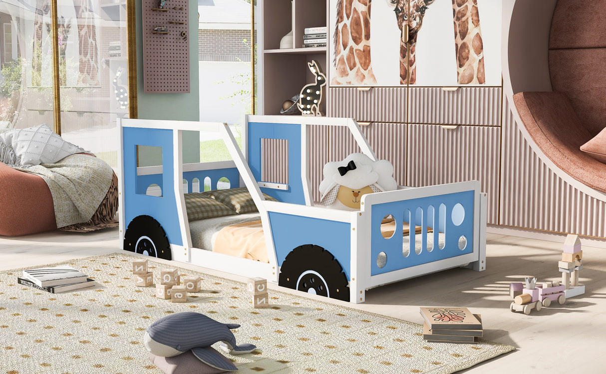 Twin Size Classic Car-Shaped Platform Bed with Wheels Blue - V.I.P Digital Presence