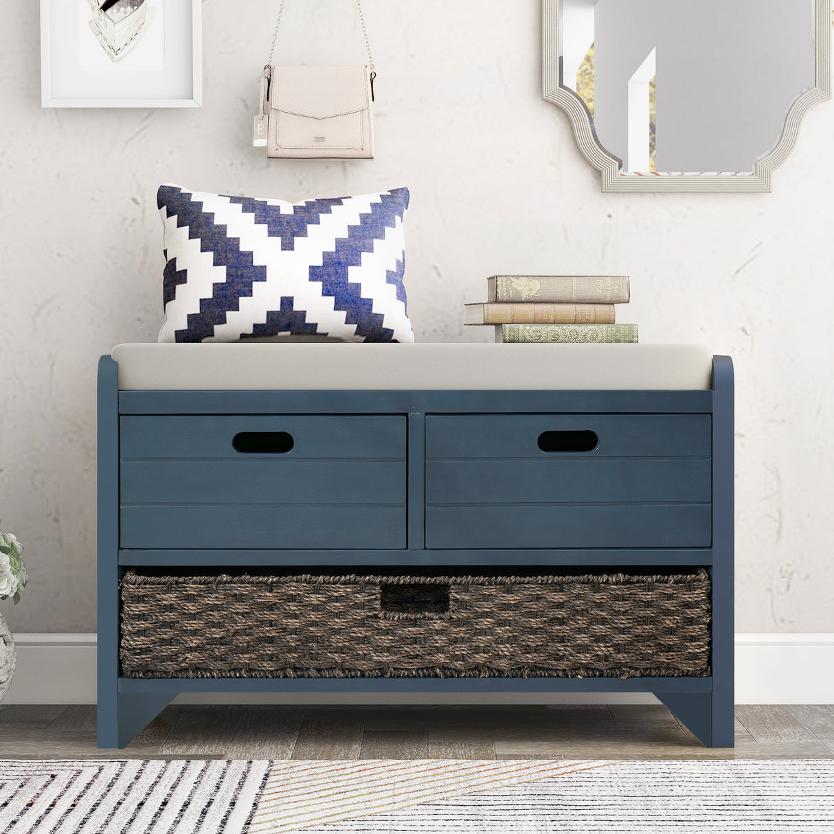 TREXM Storage Bench with Removable Basket and 2 Drawers, Fully Assembled Shoe Bench with Removable Cushion (Navy) - V.I.P Digital Presence