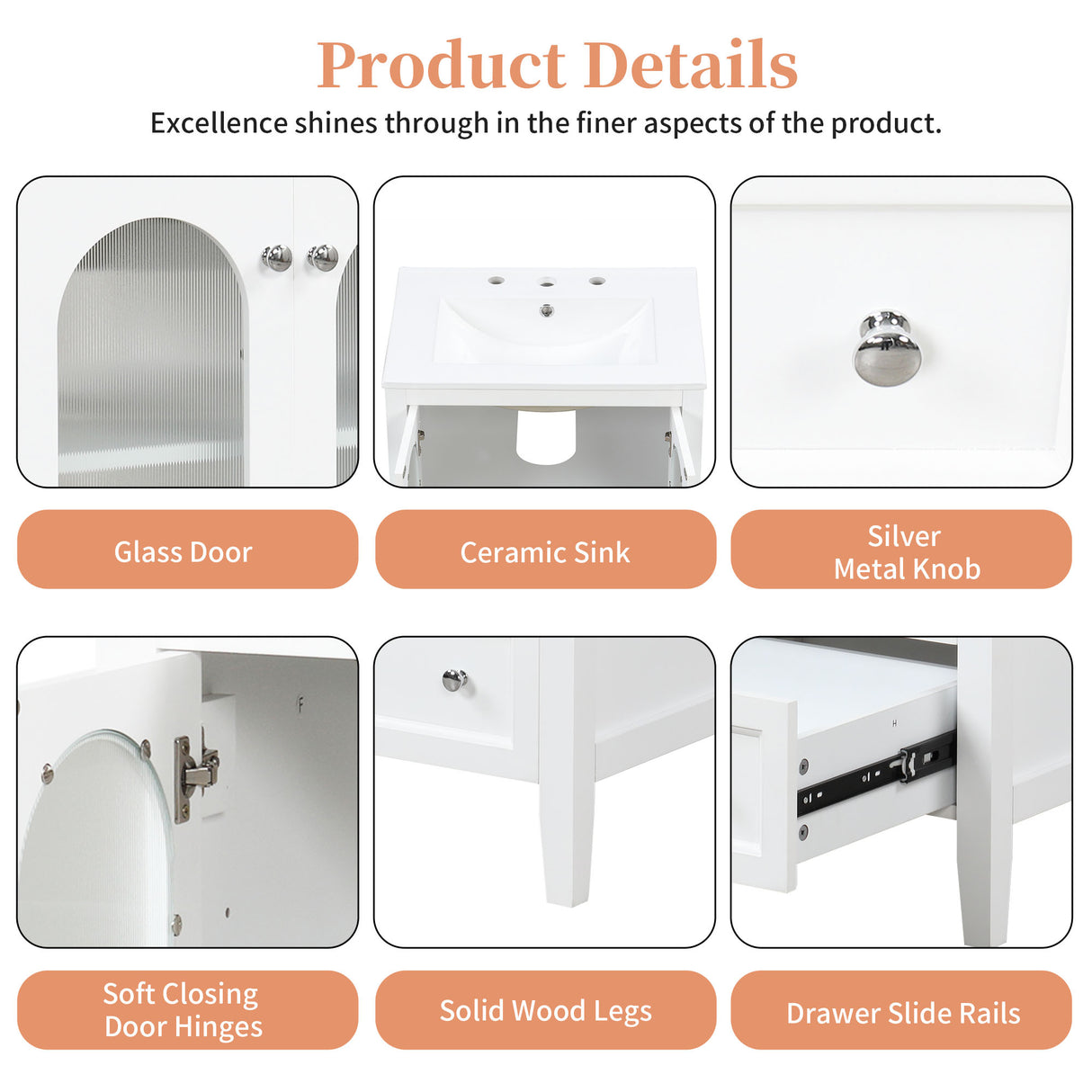 24" Bathroom Vanity with Sink, Bathroom Vanity Cabinet with One Drawer and Doors, Adjustable Shelf, Solid Wood and MDF, White - V.I.P Digital Presence