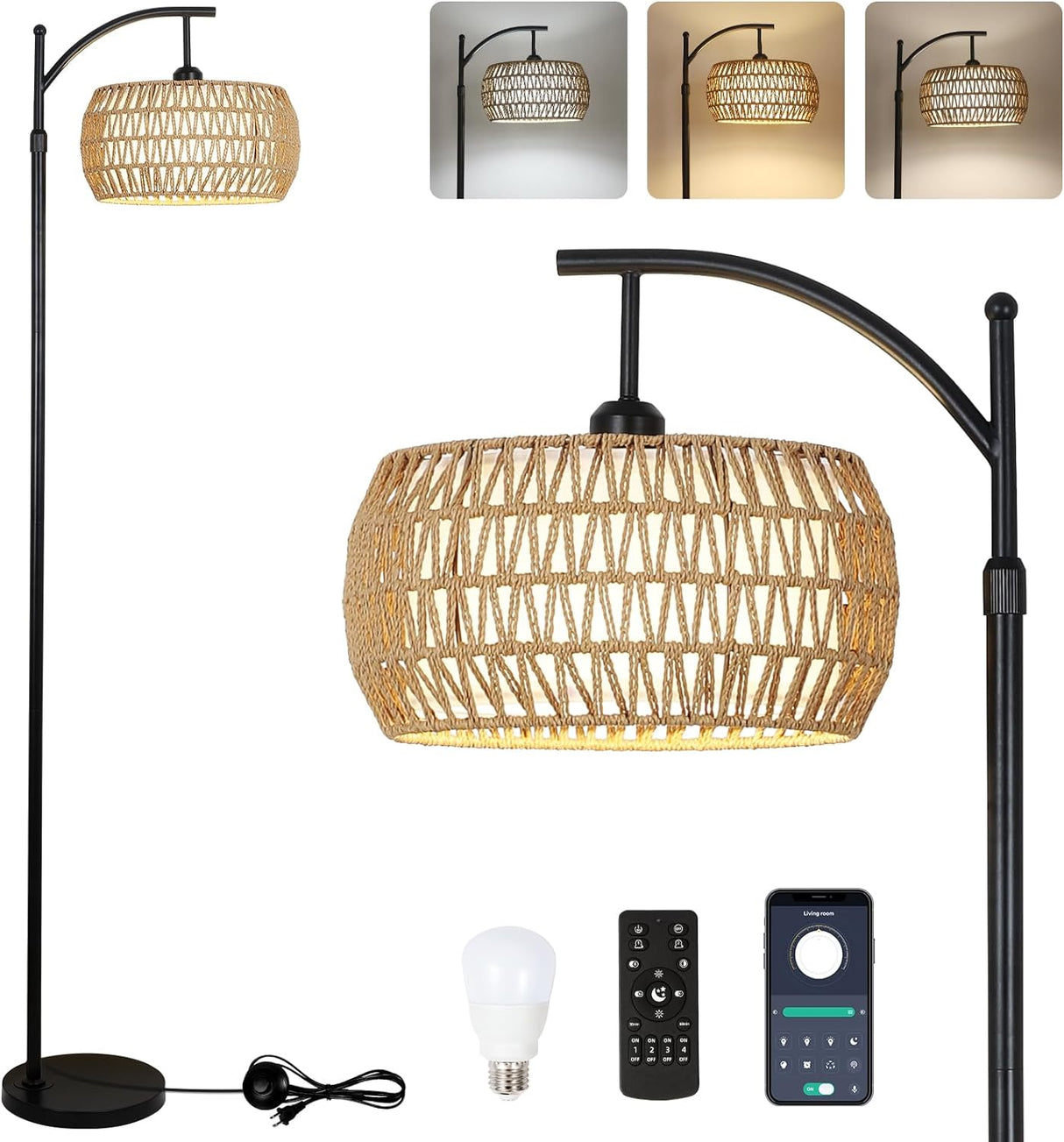 Arc Floor Lamp with Remote Control, Dimmable LED Floor Lamp with 3 Color Temperature Boho Farmhouse Tall Pole Lamp - V.I.P Digital Presence