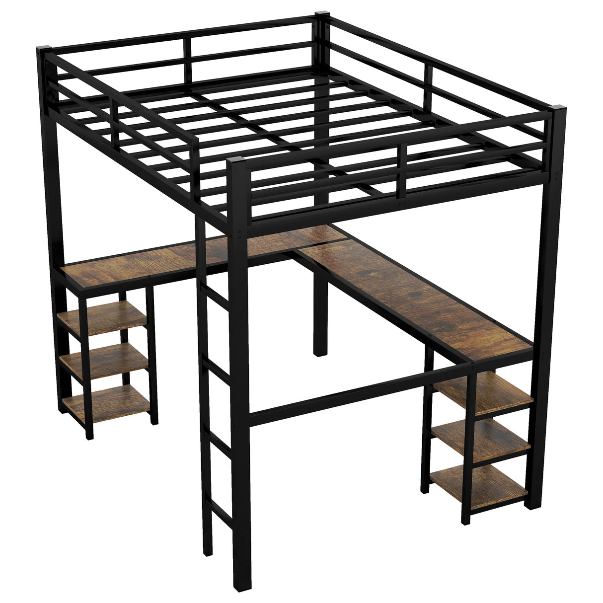 Full Metal Loft Bed with Desk and Shelves, Loft Bed with Ladder and Guardrails, Loft Bed Frame for Bedroom, Black - V.I.P Digital Presence