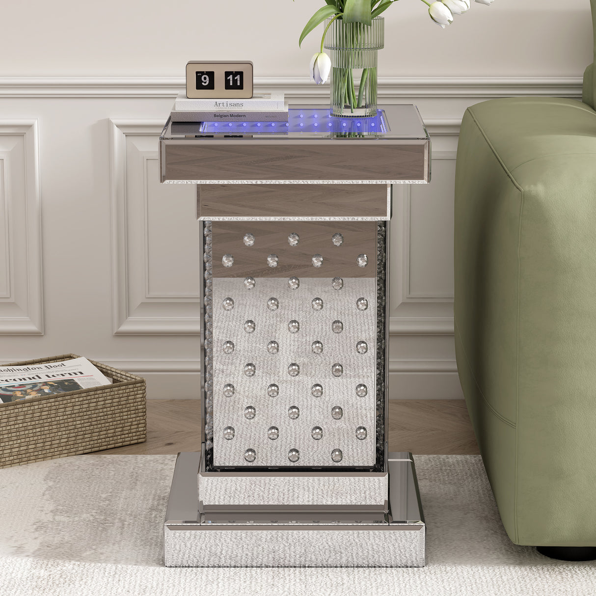 U-Can 11.8-inch silver square mirror coffee table with LED lights, modern crystal inlaid side table, no assembly required - V.I.P Digital Presence