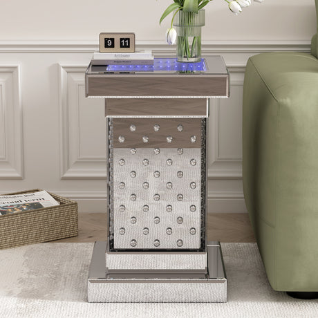 U-Can 11.8-inch silver square mirror coffee table with LED lights, modern crystal inlaid side table, no assembly required - V.I.P Digital Presence