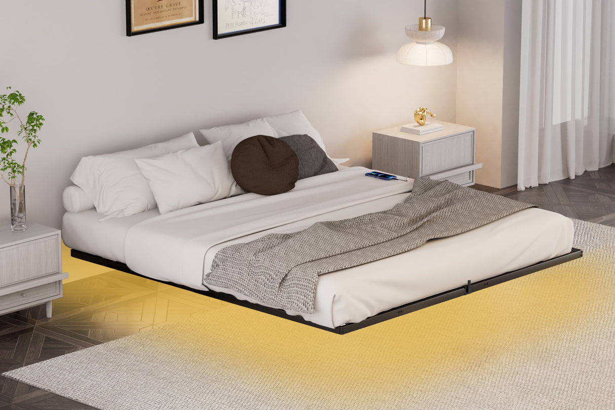 Floating Bed Frame King Size with LED Lights ＆ charging station, Metal Platform Queen Bed, 79.9'' L x 76.2'' W x 7.9'' H. - V.I.P Digital Presence