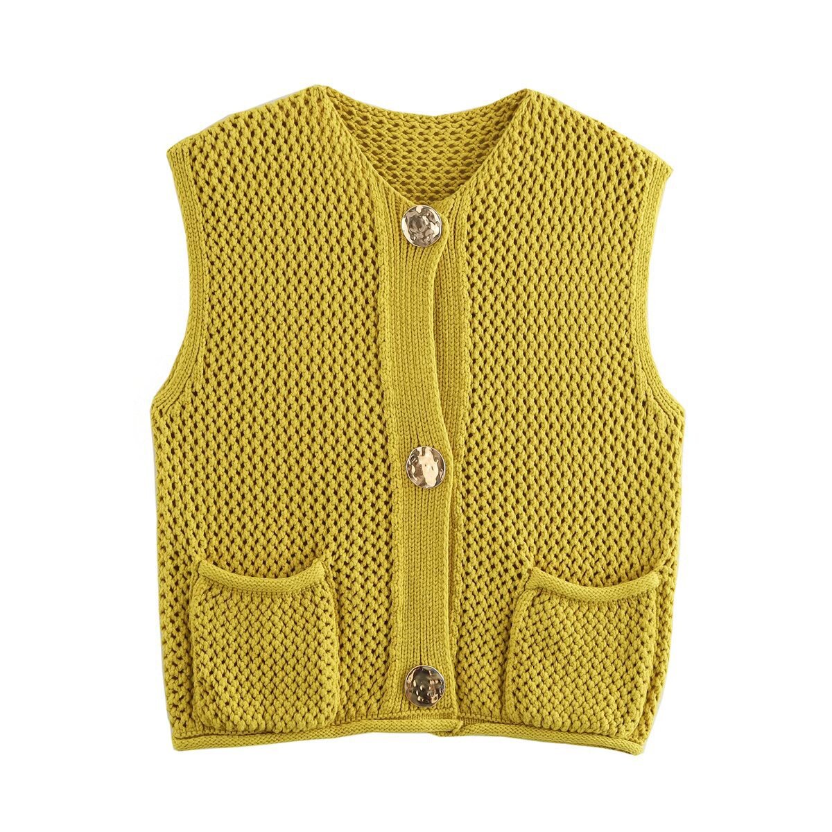 Street Fashion Crochet Hollow Vest Solid Color Versatile Round Neck Jacket - V.I.P Digital Presence
