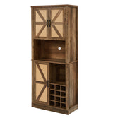 76-Inch Tall Rustic Oak Color Farmhouse Kitchen Faux Rattan Wine Cabinet, Kitchen Bar Cabinet with Square Compartments - V.I.P Digital Presence