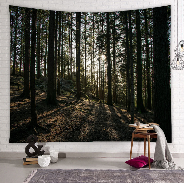 Hermoso tapiz de pared grande con estampado de bosque natural, decoración artística de pared 