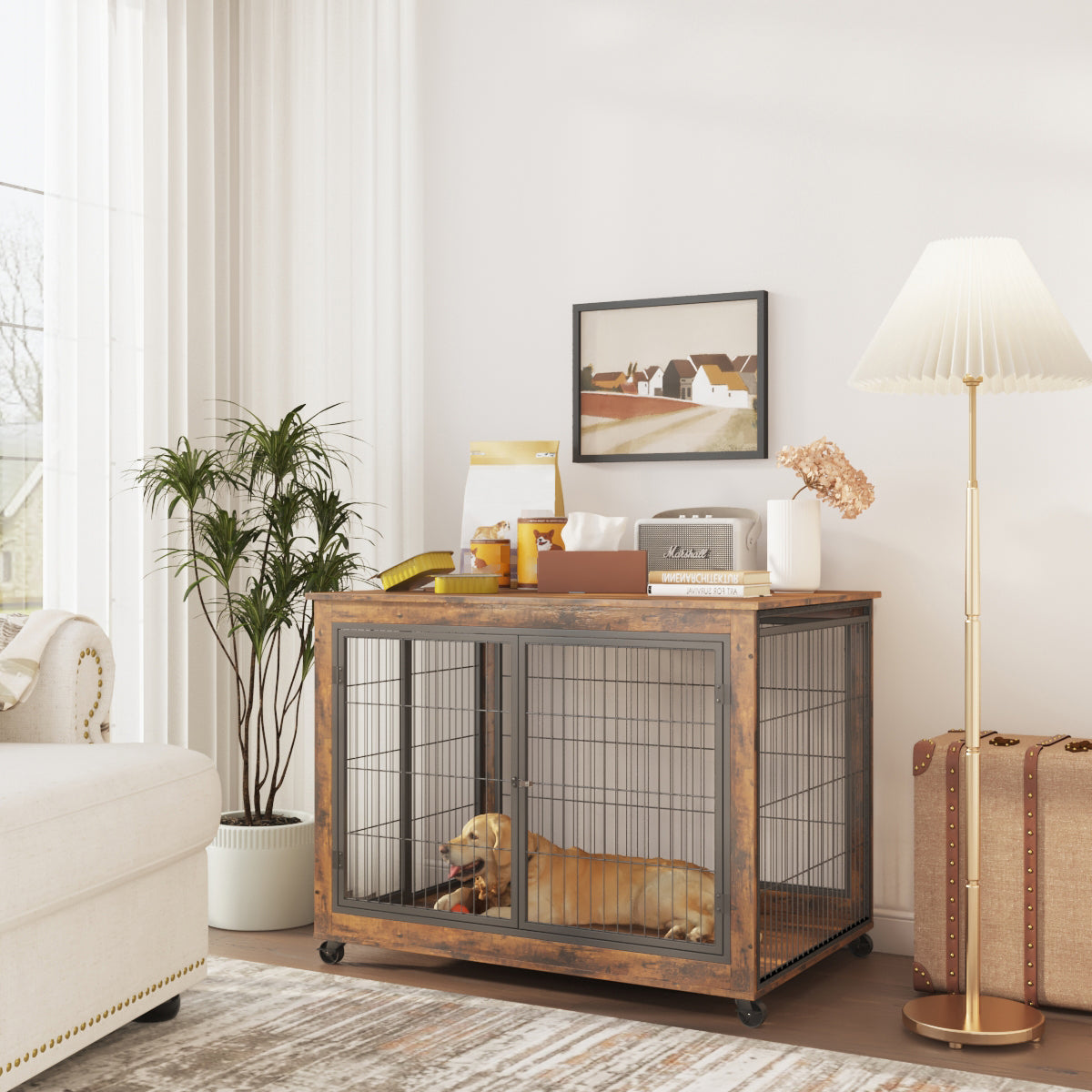 Furniture Style Dog Crate Side Table on Wheels with Double Doors and Lift Top. Rustic Brown, 43.7'' W x 30'' D x 31.1'' H. - V.I.P Digital Presence