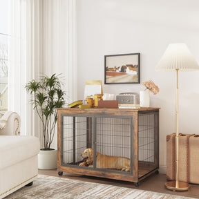 Furniture Style Dog Crate Side Table on Wheels with Double Doors and Lift Top. Rustic Brown, 43.7'' W x 30'' D x 31.1'' H. - V.I.P Digital Presence