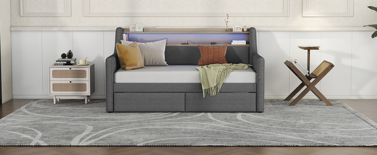 Twin Size Daybed with Storage Drawers, Upholstered Daybed with Charging Station and LED Lights, Gray - V.I.P Digital Presence
