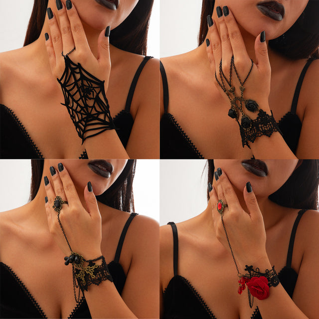 Halloween Finger Mesh Tassel Bracelet Punk Alloy Rose Lace Floral Handmade for Women - V.I.P Digital Presence