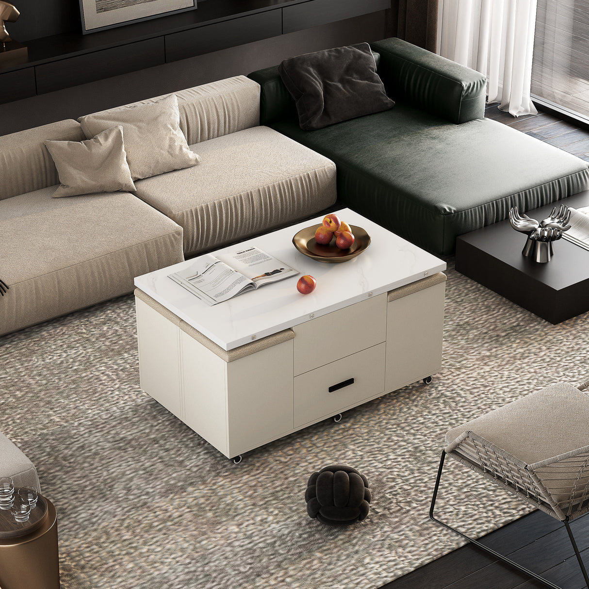 Modern lift coffee table, living room with 4 chairs, expandable 1 hidden storage space+2 drawers, folding dining table - V.I.P Digital Presence