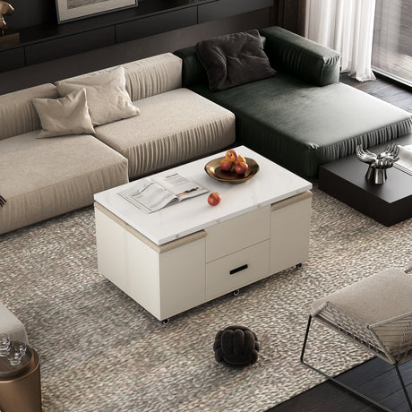 Modern lift coffee table, living room with 4 chairs, expandable 1 hidden storage space+2 drawers, folding dining table - V.I.P Digital Presence