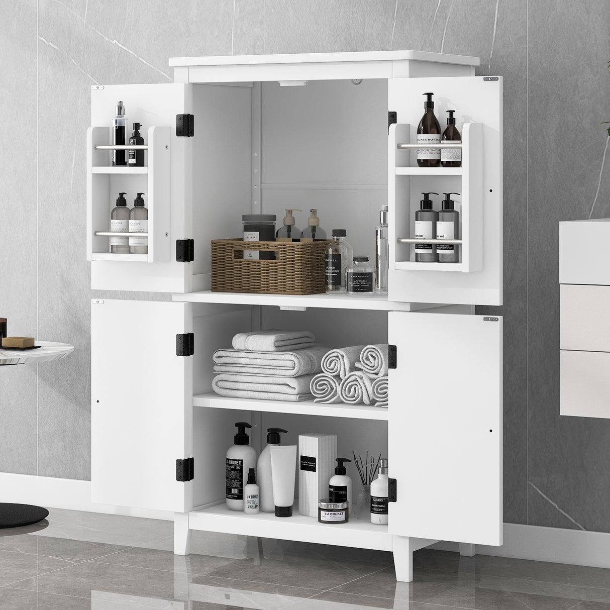 Bathroom floor storage cabinet, bathroom storage unit, 4-door independent cabinet, adjustable shelf, adaptive shelf, white - V.I.P Digital Presence