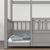 Twin Size Floor Wooden Bed with House Roof Frame Fence Guardrails Grey - V.I.P Digital Presence