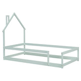 Twin Size Wood bed with House-shaped Headboard Floor bed with Fences,Light Green - V.I.P Digital Presence