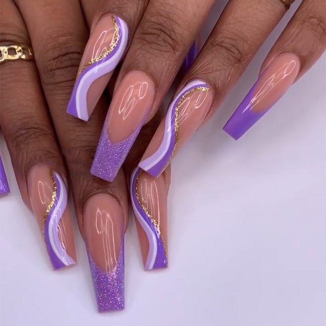 Purple Glitter Wearing Manicure French Geometric Lines Aurora Bright Nail Patches - V.I.P Digital Presence