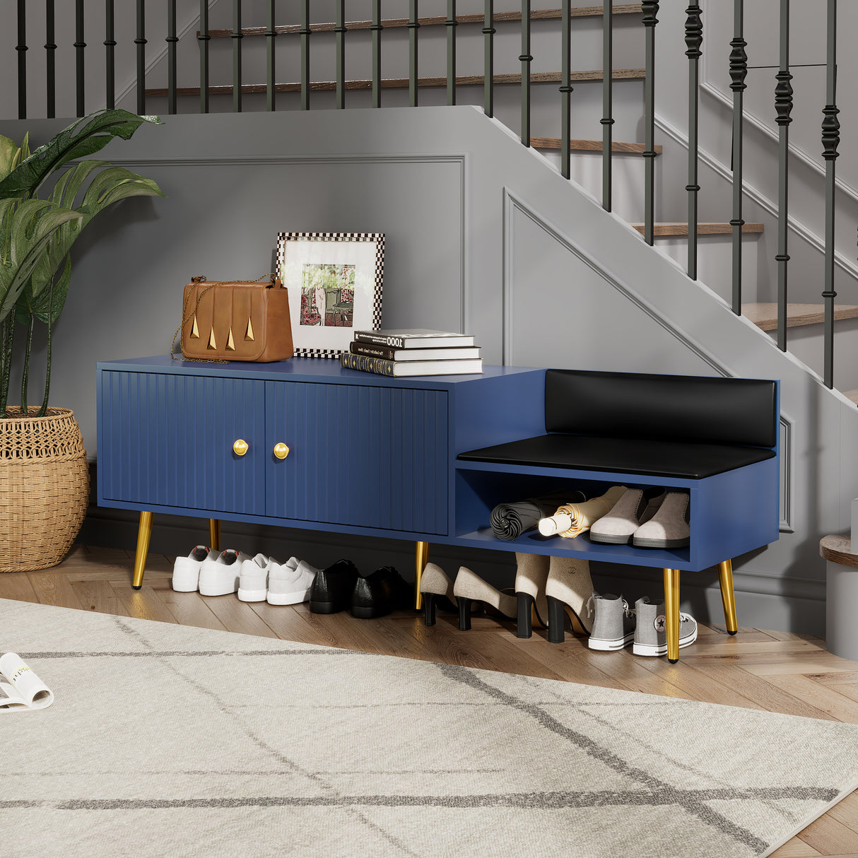 Modern Shoe Storage Bench with Hidden Storage and Upholstered Cushions for Bedside, Living Room and Entryway (Navy) - V.I.P Digital Presence