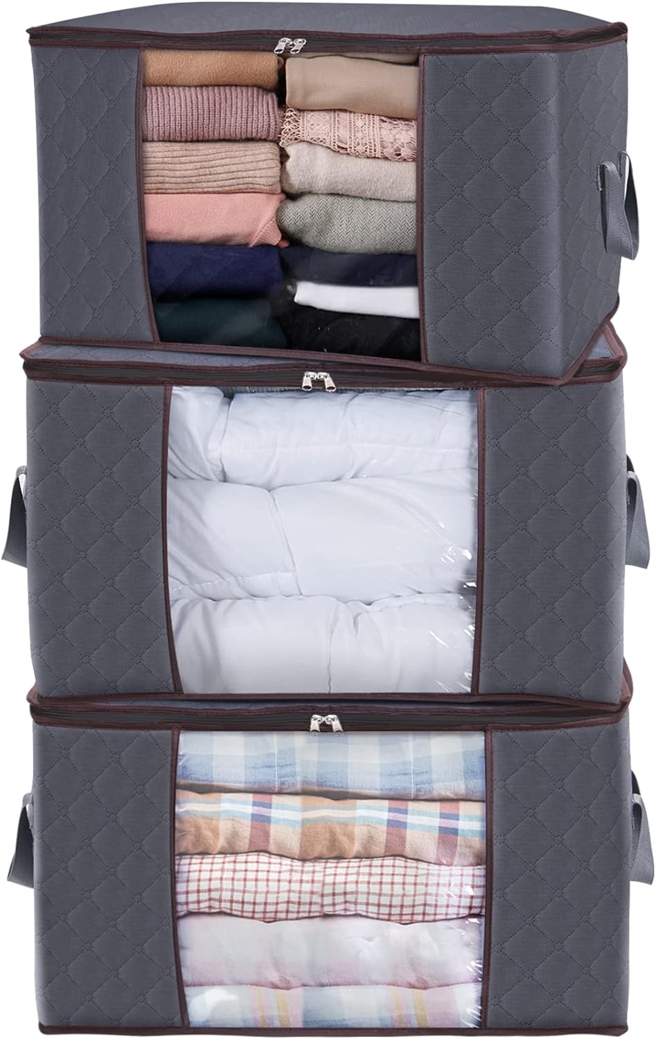 Large capacity clothing storage bag with reinforced handle, thick fabric, foldable, sturdy zipper, 1 set of 3 bags, 90L, gray - V.I.P Digital Presence