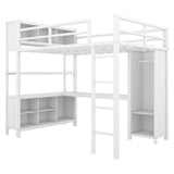 Metal loft bed with wardrobe and L-shaped desk, full-size loft bed with storage cabinet and shelf, white - V.I.P Digital Presence