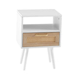 15.75" Rattan End table with drawer and solid wood legs Modern nightstand side table for living room  white - V.I.P Digital Presence