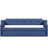 Upholstered Daybed with Trundle, Wood Slat Support,Upholstered Frame Sofa Bed Twin Blue - V.I.P Digital Presence