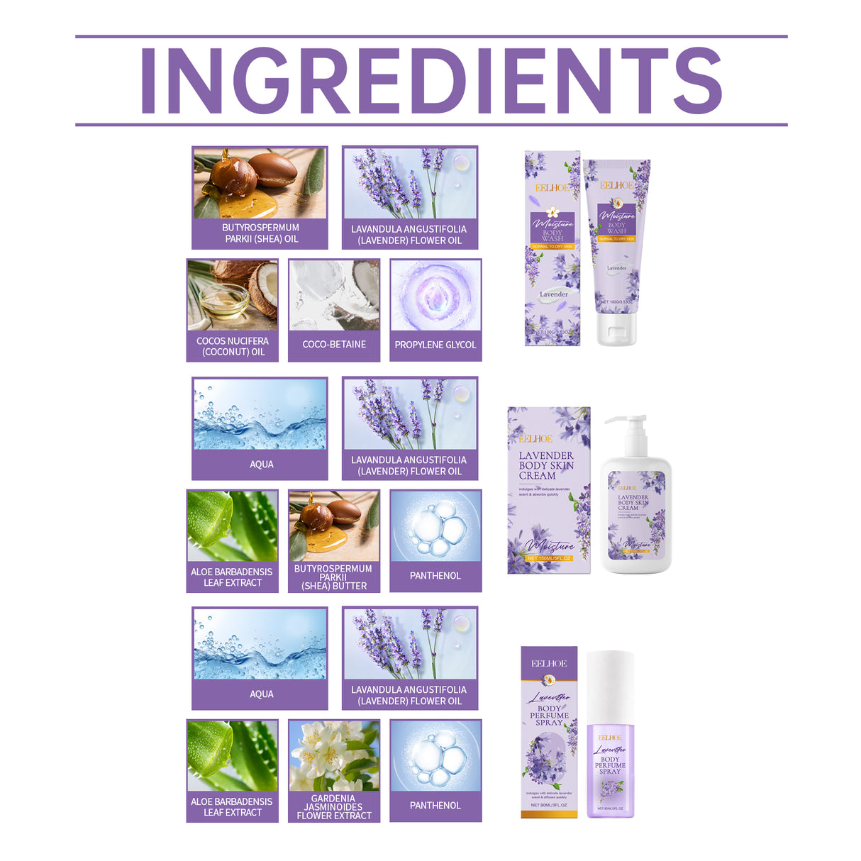 Set de fragancia calmante corporal de lavanda. Set de cuidado de la piel hidratante suave.