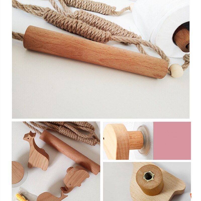 Nordic Indoor Wooden Solid Wood Hemp Rope Animal Tissue Holder Children's Room Decoration Wall Hanger Hemp Rope Hook Toilet Paper Holder - V.I.P Digital Presence