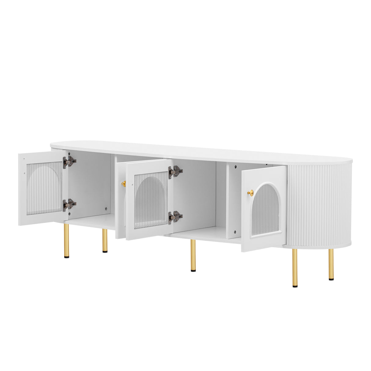 U-Can Modern TV Stand for TVs up to 80 Inches, Entertainment Center with 4 Cabinets, Wood with Metal Legs and Handles White - V.I.P Digital Presence