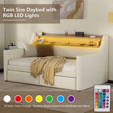 Twin Size Daybed with Drawers, Upholstered Daybed with Charging Station and LED Lights, White - V.I.P Digital Presence