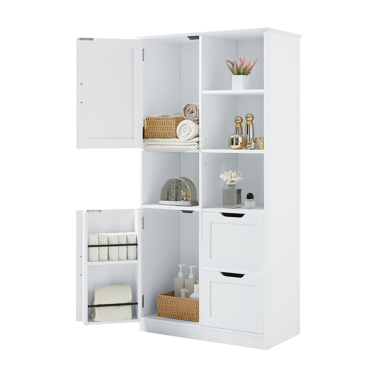 Bathroom storage cabinet with doors and drawers, multiple storage spaces, independent, open adjustable shelves, white - V.I.P Digital Presence