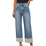 Straight leg jeans women's retro rolled edge high waisted pants - V.I.P Digital Presence