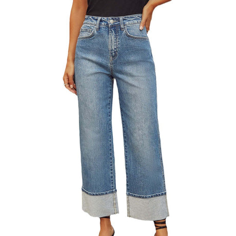 Straight leg jeans women's retro rolled edge high waisted pants - V.I.P Digital Presence