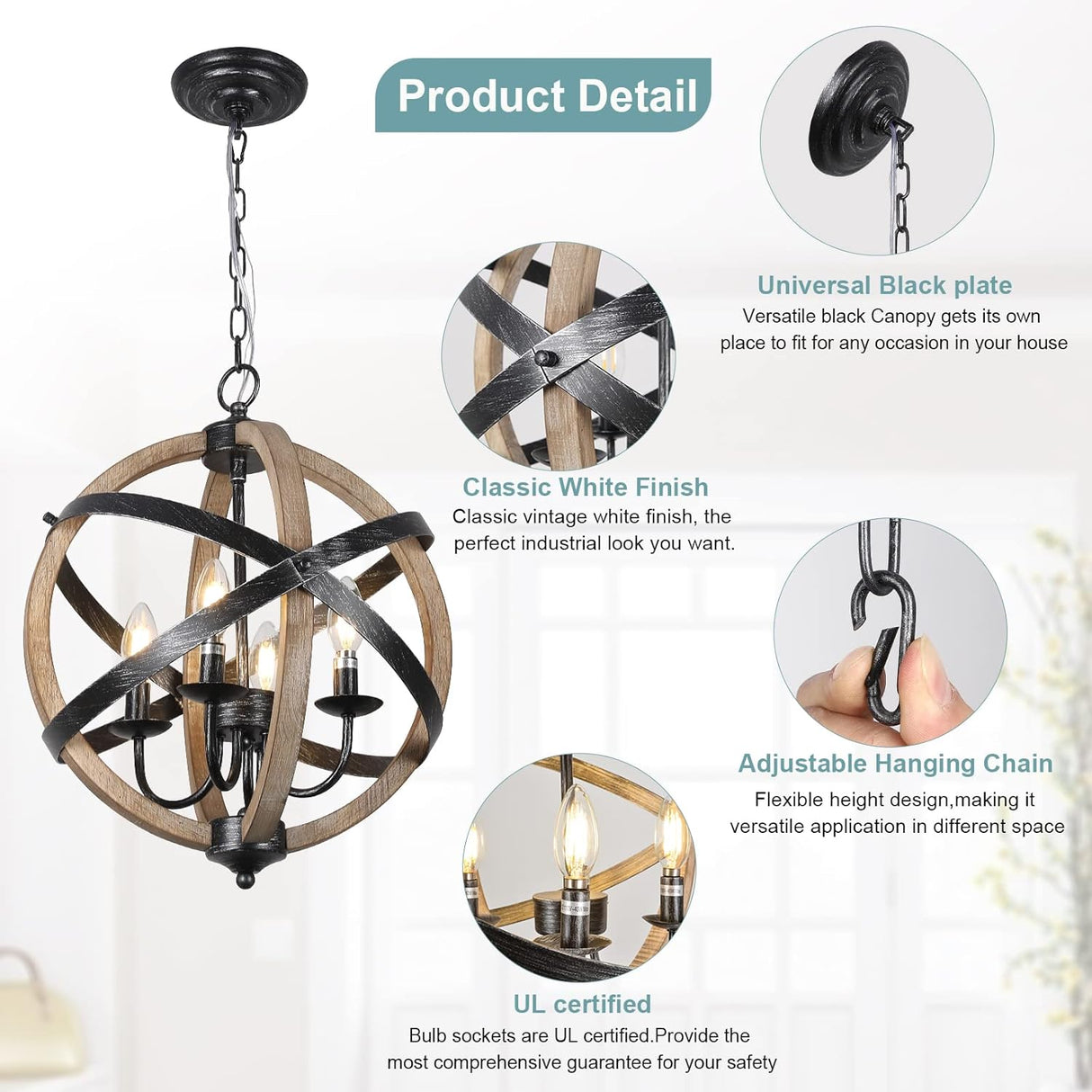 Farmhouse Chandelier Light Fixtures 4-Light Dining Room Light Fixtures Height Adjustable Rustic Wood Light - V.I.P Digital Presence
