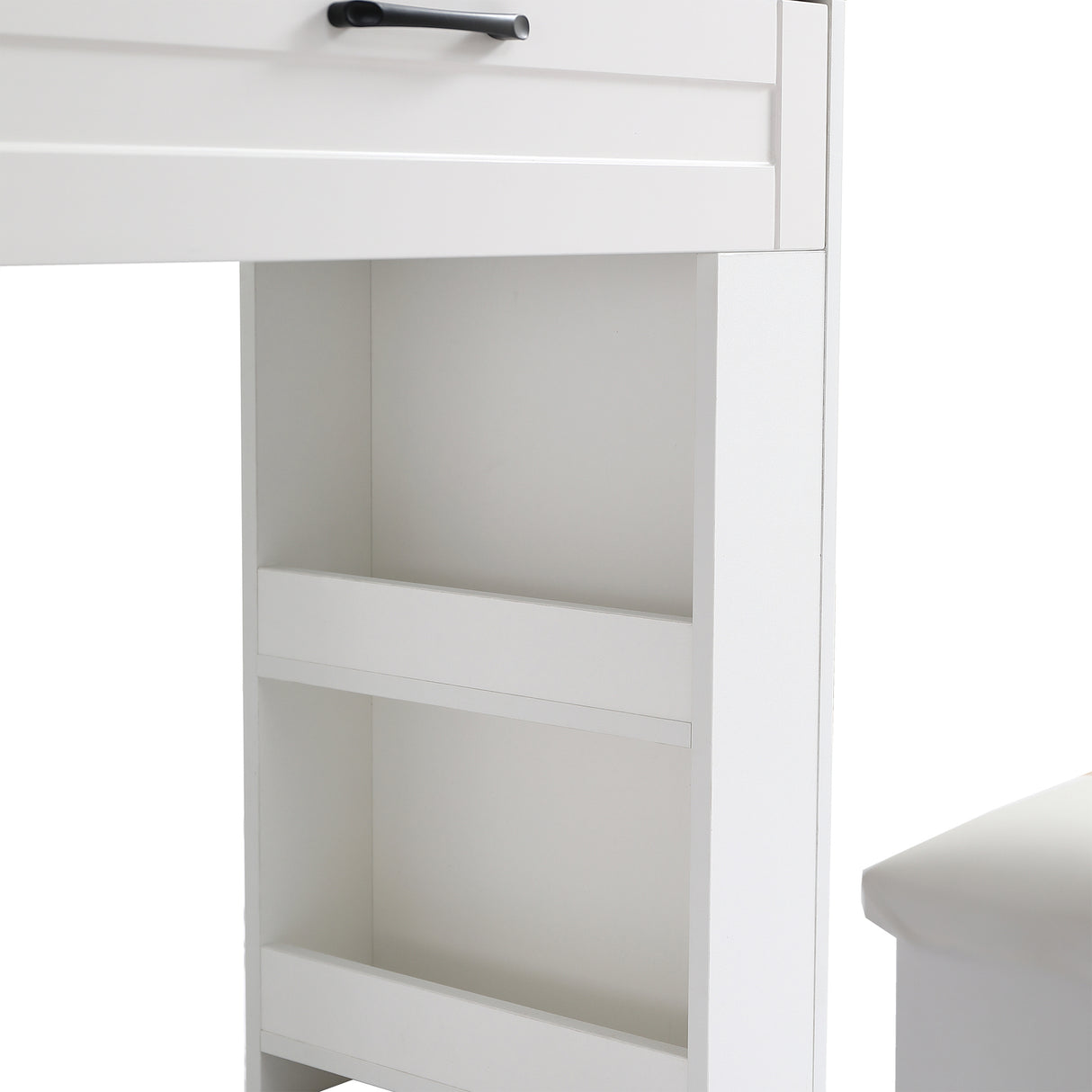Vanity table with large sliding lighted mirror dressing table with 2 drawers storage shelves and upholstered stool white color