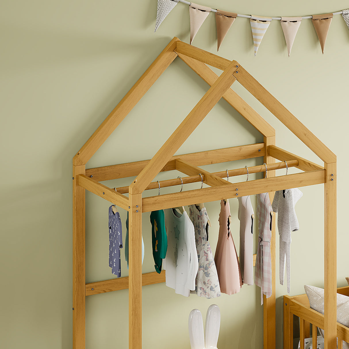 Wooden Twin Size Children's Bed with Detachable Headboard and Integrated Clothes Drying Rack, Natural - V.I.P Digital Presence