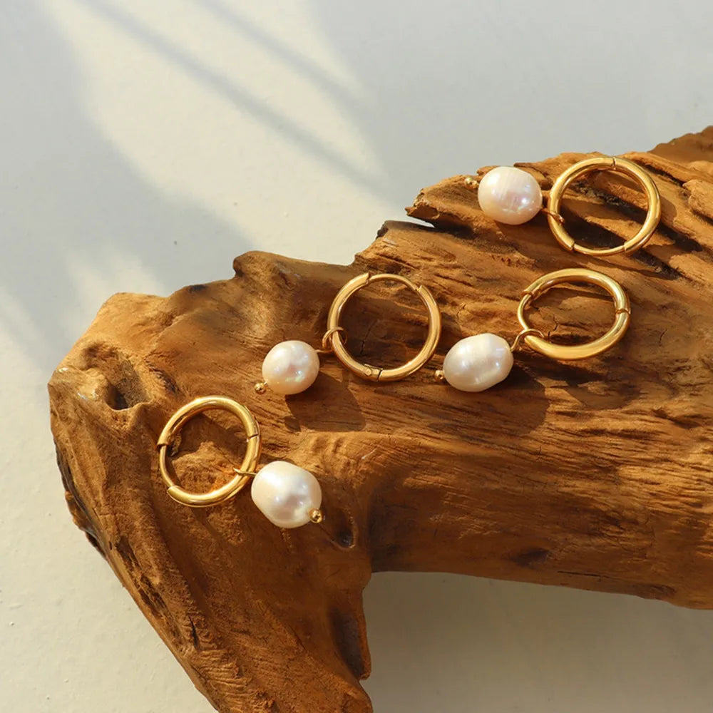 Retro earrings freshwater pearl ring earrings titanium steel 18K plated with real gold jewelry - V.I.P Digital Presence