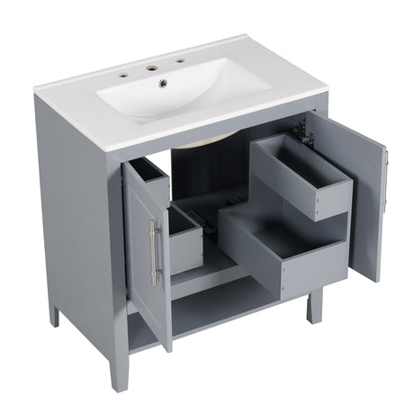 30" Bathroom Vanity with Sink, Multi-functional Bathroom Cabinet with Doors and Drawers, Solid Frame and MDF Board, Grey - V.I.P Digital Presence