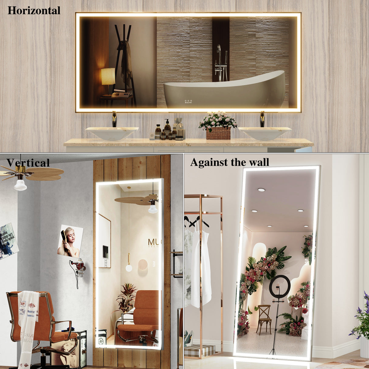 72X32 inch large LED bathroom mirror wall mounted mirror with 3 color modes, aluminum frame wall mounted light, full body mirror - V.I.P Digital Presence