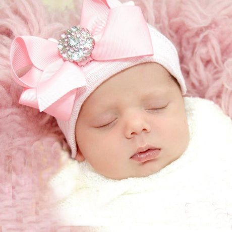 European and American Big Bow Glittering Diamond Pink Stripe Girl Baby Knitted Hat Newborn Baby Pullover Hat - V.I.P Digital Presence