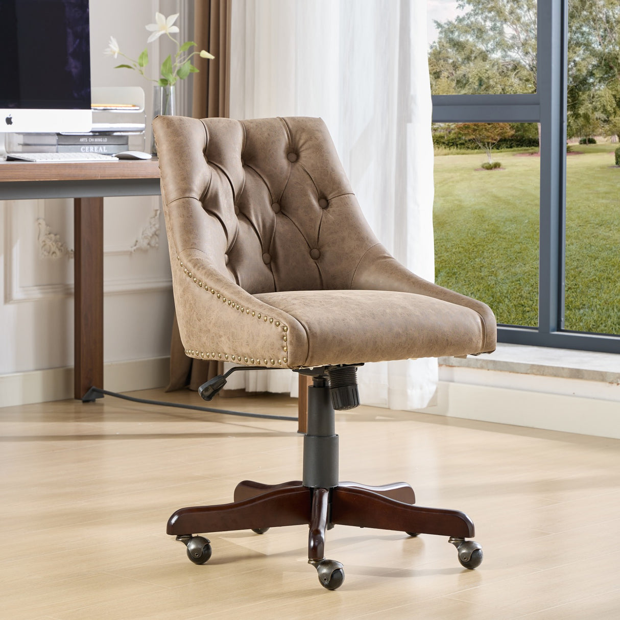 Medieval retro style sheepskin patterned home office chair with lifting, rotating, and tilting functions, brown - V.I.P Digital Presence